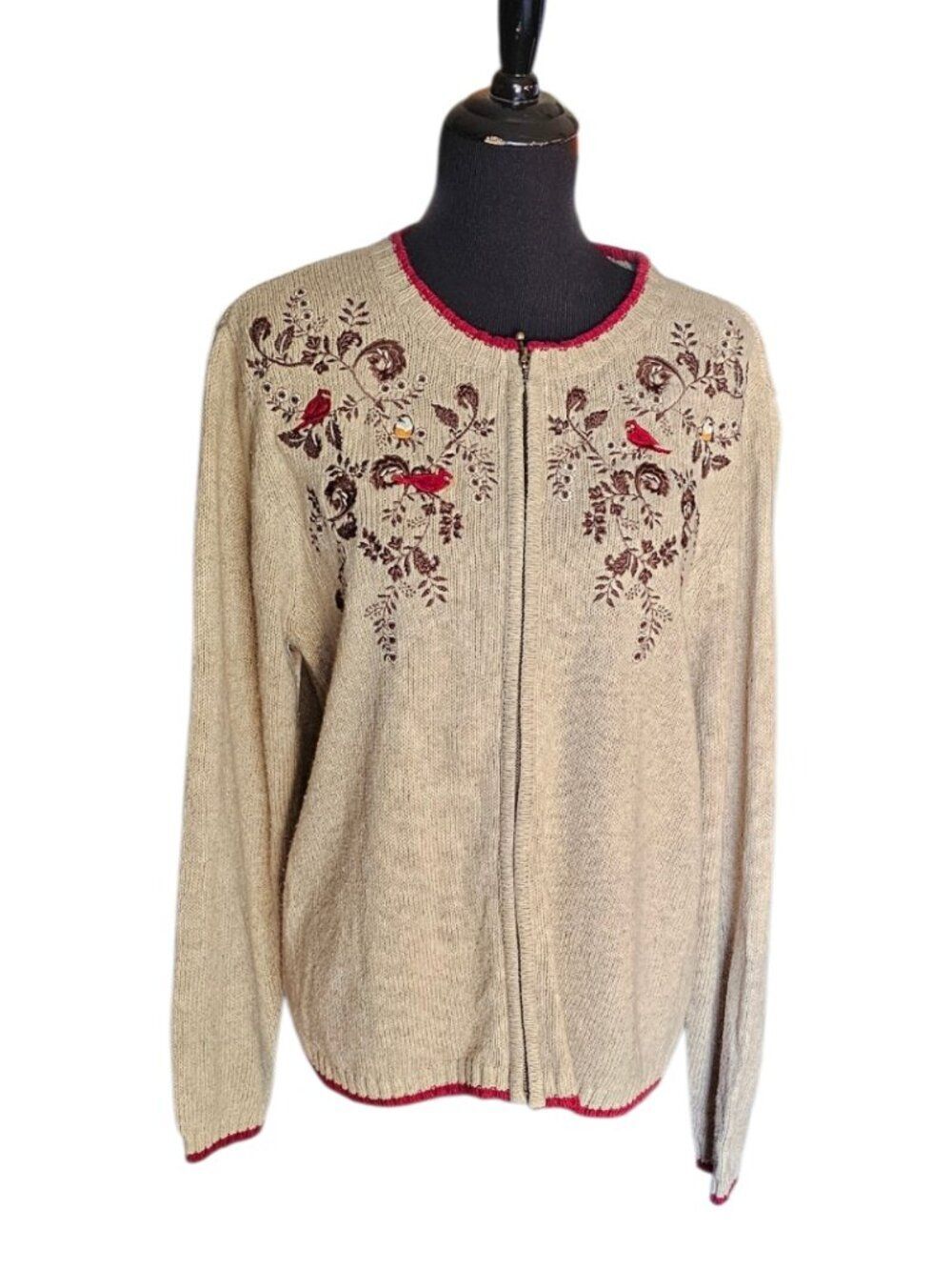 Croft & Barrow Bird Embroidered Zip Sweater Ramie Silk Oatmeal Large